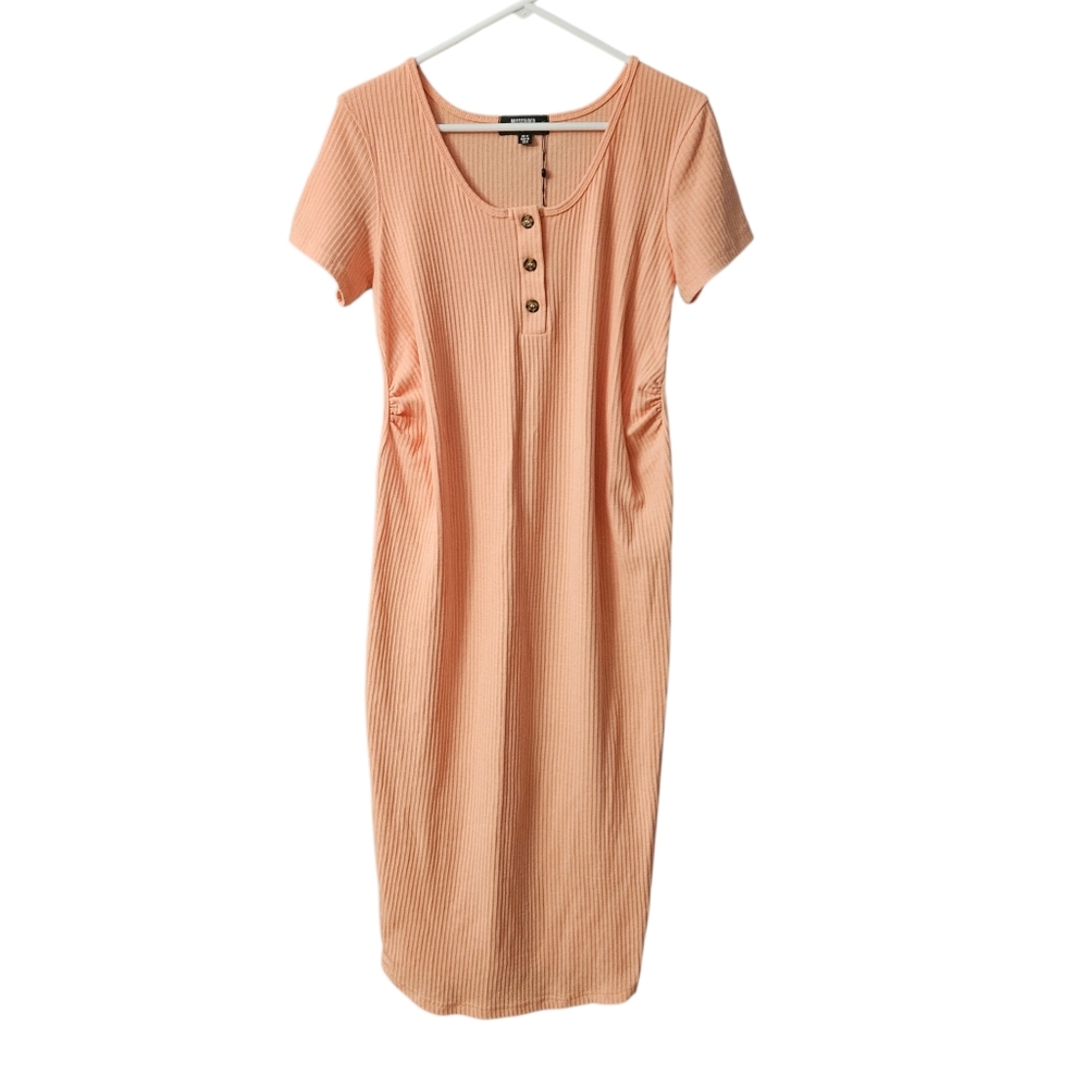 Missguided Maternity Dress NEW Ribbed Button Front T-Shirt Dress Size 8 Peach